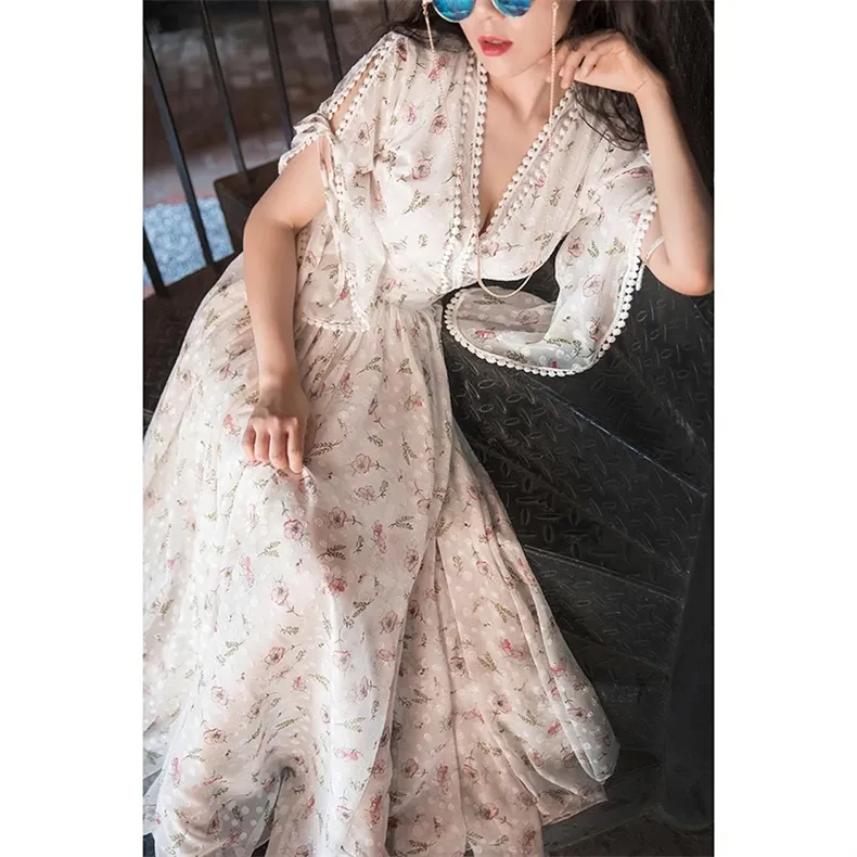 Yaz Romantik Jakard Floral Şifon Dantel Elbise Zarif Kadın X-Long Sosyalite Maxi Elbiseler Kadın