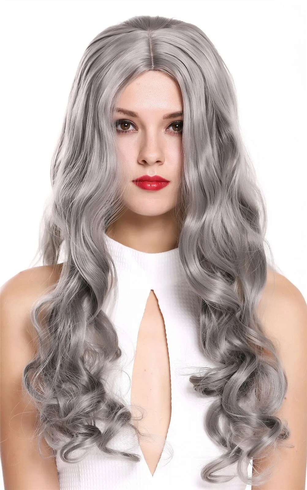 Popular Beautiful Wig Wig Wig Long Wavy Middle Part Silver Grey