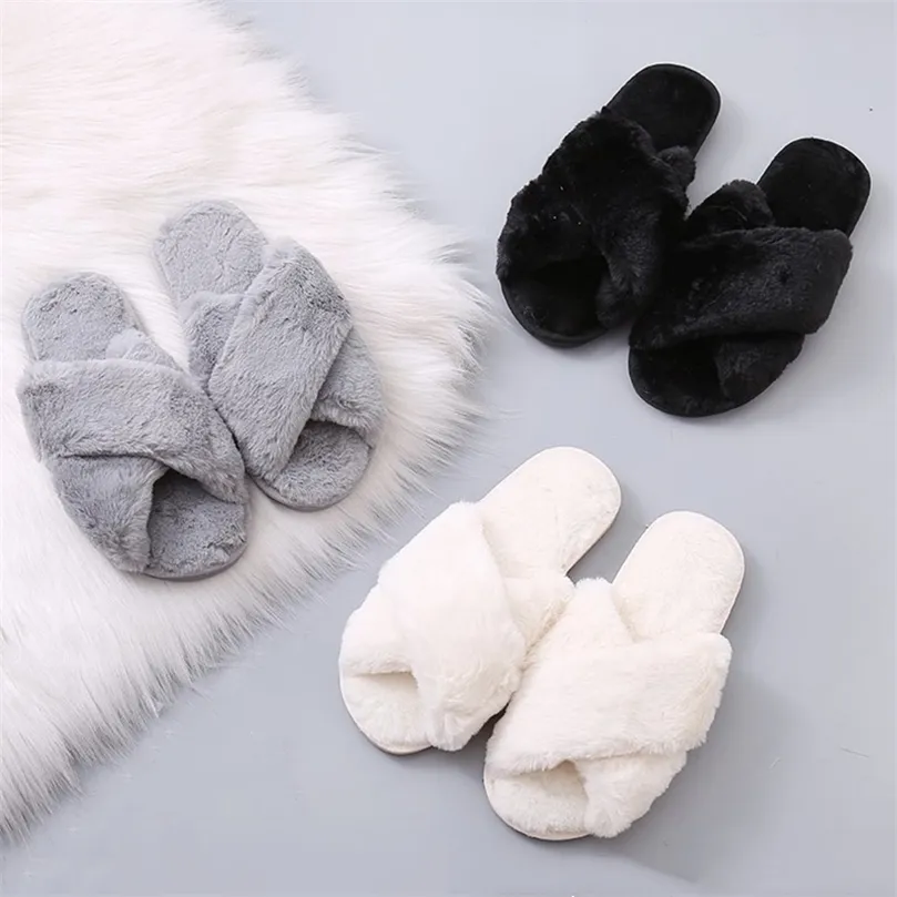 Slippers Warm fluffy slippers womens plush comfortable faux fur cross indoor floor flat soft shoes ladies women 220926