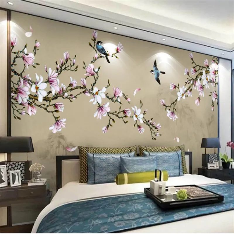 Tapety Wellyu Dostosowane na dużą skalę malowidła ścienne w stylu Chińczyka ręcznie malowane kwiaty magnolii i ptaki zielone tła tapeta 220927