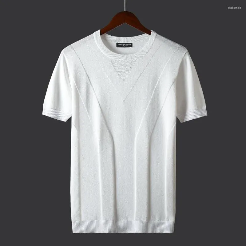 Men's T Shirts 2022 Summer Men T-shirt Knitted Ice Slik Short Sleeves Sweater Men's Solid Color O-neck Pullover Thick Slim Tees S65