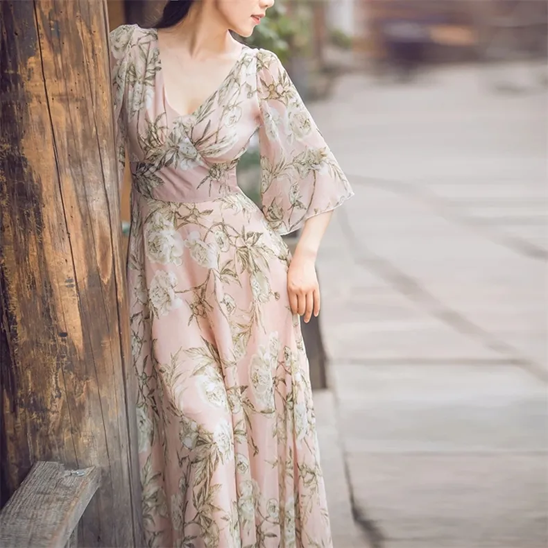 Summer Romantic Floral large hem Romantic Chiffon Dress Elegant Female X long Socialite Maxi Casual Dresses women