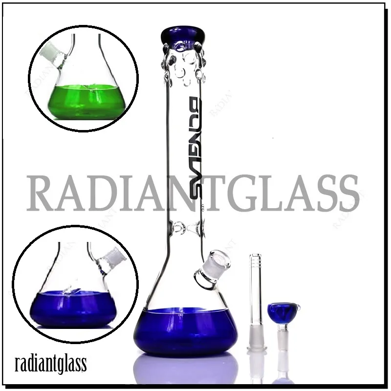 Hookahs 16 "Glasbägare bong med logotypgrön eller blå färgbasvattenrör bongs 14-18mm nedstammen för rök för rök