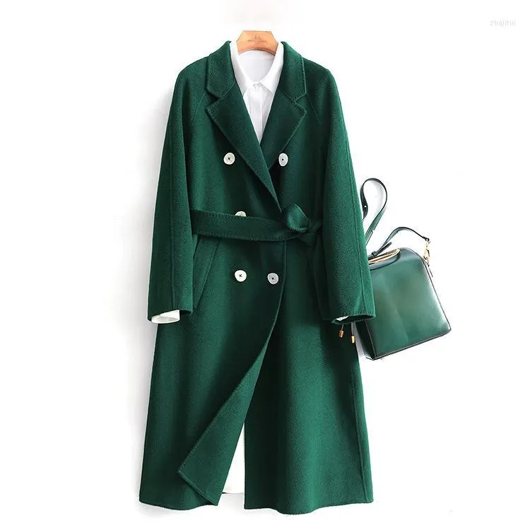 Women's Wool Women's & Blends Green Woolen Coat 2022 Autumn And Winter Water Ripple Double-sided Cashmere Female Long Section