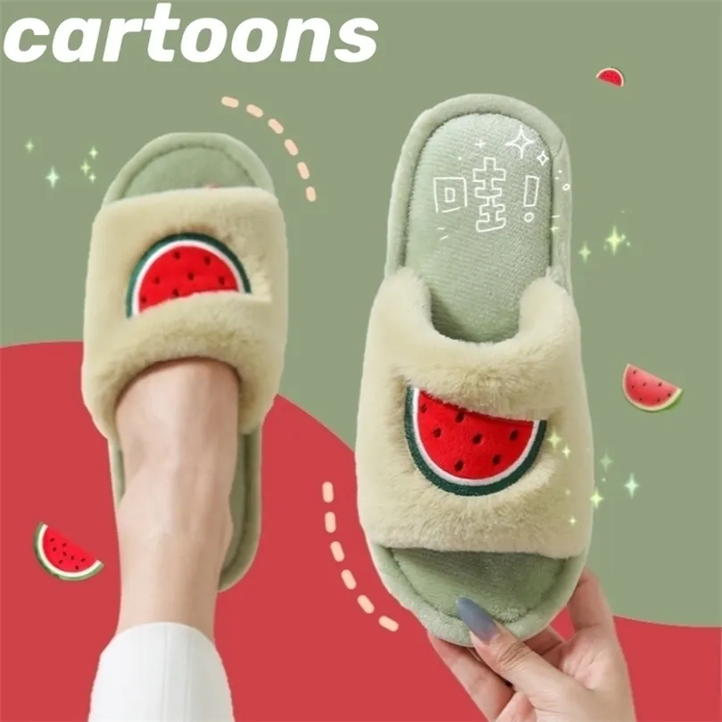 Pantoufles Hiver Fourrure Maison Femmes Mignon Dessin Animé Fruit Avocat Fraise Chambre Couples Chaussures Chaud En Peluche Dames Furry Diapositives 220926