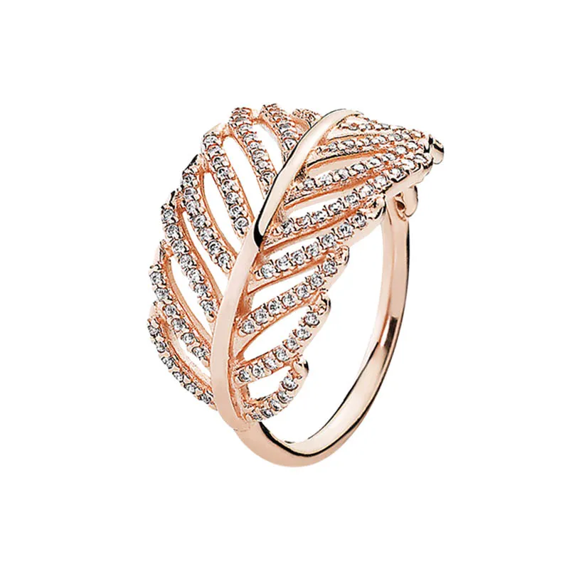 18K Rose Gold Sparkling Feather Ring 925 Sterling Silver Wedding Gift Jewelry for Women Girls With Original Box f￶r Pandora CZ Diamond Engagement Rings