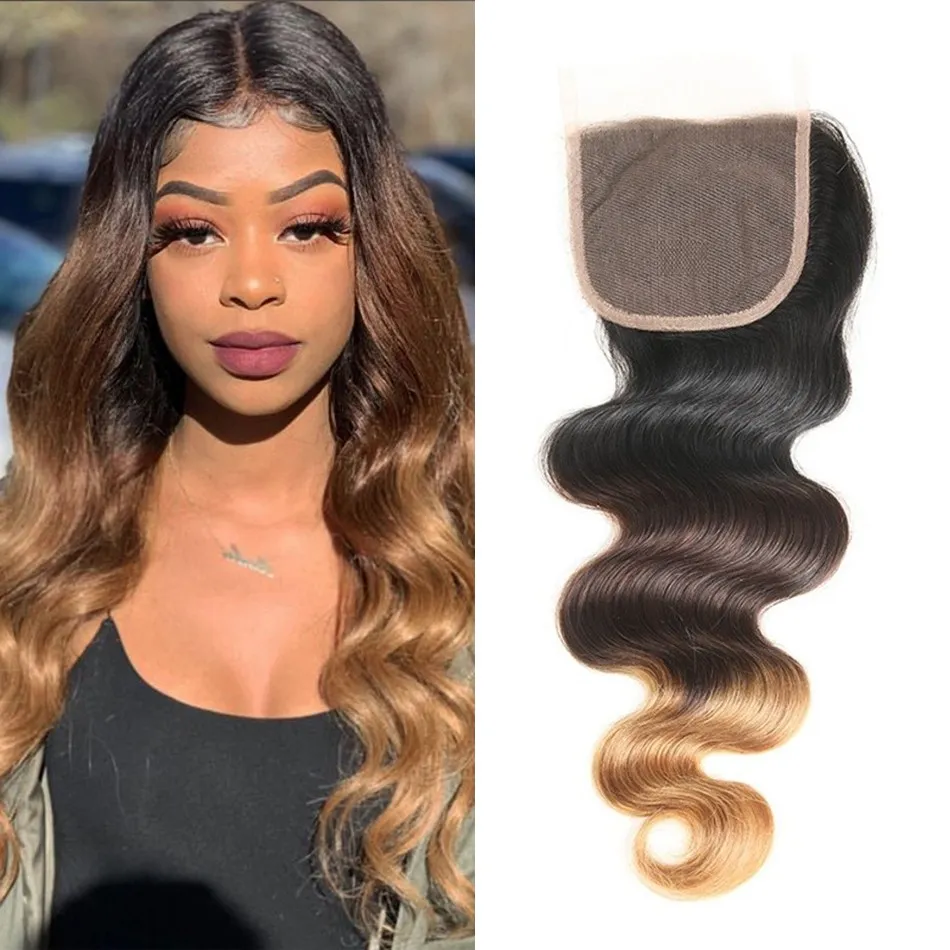 1B / 4/27 4x4 Chiusure in pizzo con capelli per bambini Ombre Color Brasiliano Body Wave Chiusura superiore per capelli umani