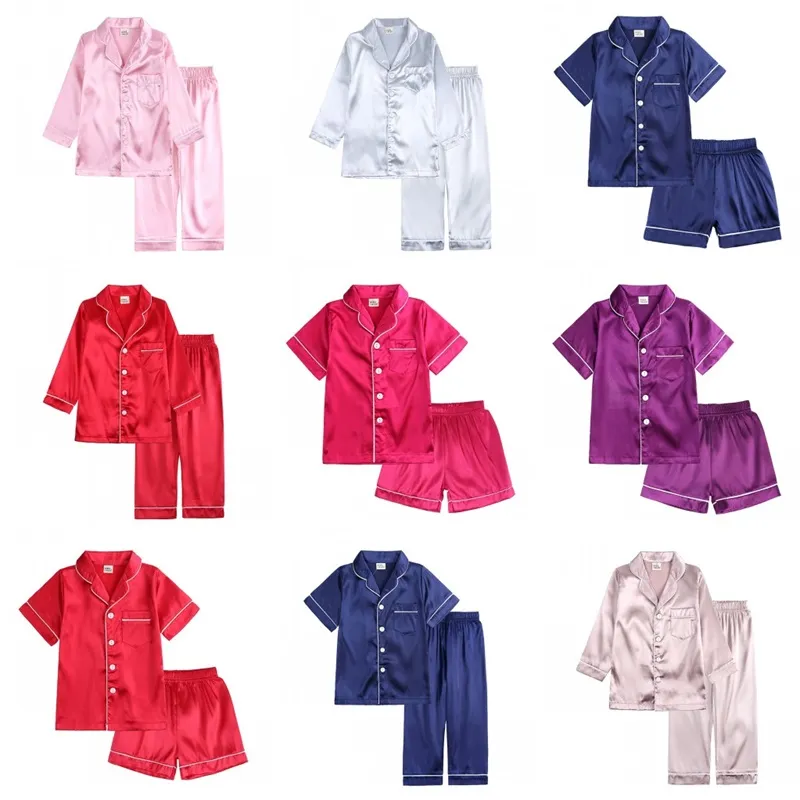Letnie zestaw piżamowych dla dziewcząt jedwabna satyna top spodni długi rękaw Solidny jedwabisty piżamę koszulą nocną Dzieci Zwiedź dla chłopców ubrania 20220928 E3