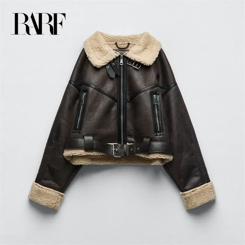 Women's Leather Faux Winter Jacket Thick Coat Warm Lamb Biker Female Casual Belt Outwear Ladies 220928