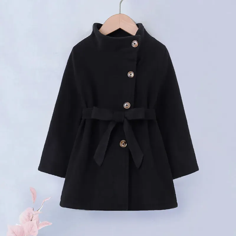 Coat Girls Jackets Spring Fall Winter Clothing Single breasted Kids Plus Velvet Thick Woolen Pure Black Belted Overcoat 220927