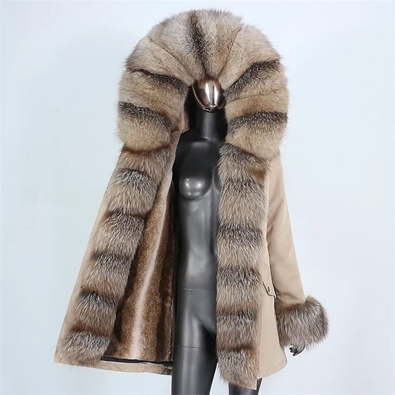 Women futra sztuczna wodoodporna długa kurtka zimowa Kobiety prawdziwy płaszcz Naturalny kołnierz Harme Streetwear Odłącznik 220927