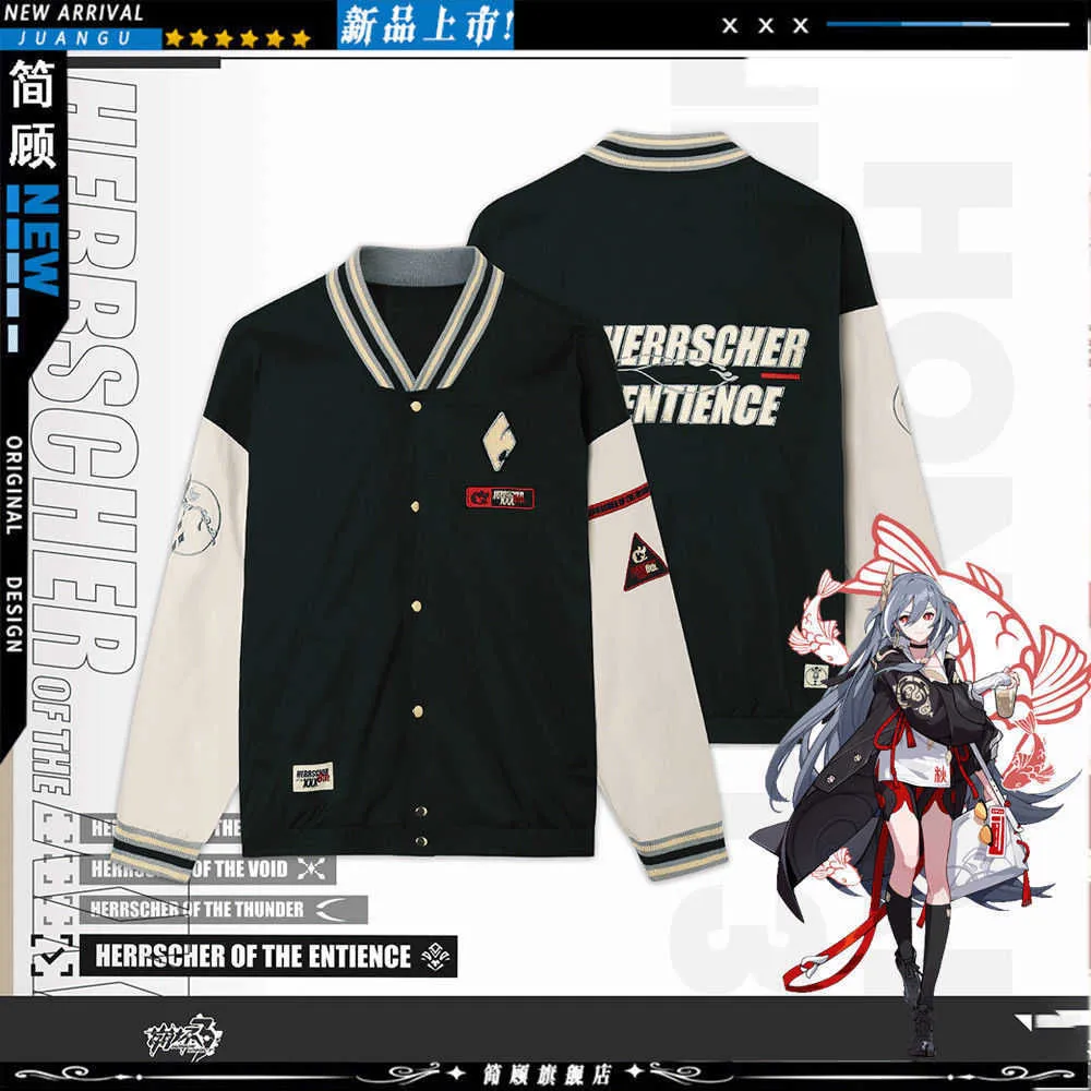 Herenjacks honkai impact 3 kiana kaslana anime cosplay honkbal lange trench jas jas herfst winter harajuku casual coole unisex jas t220926