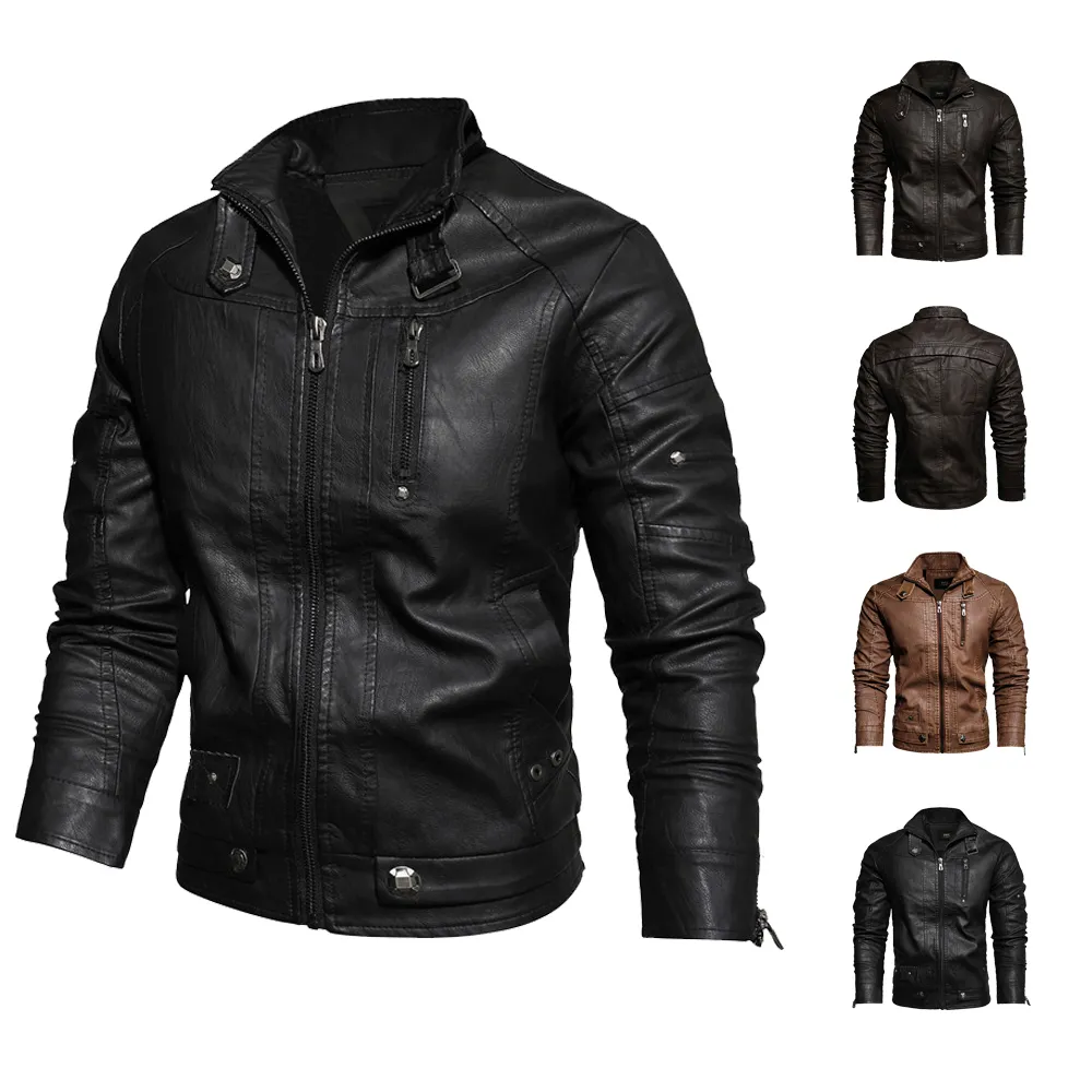 Men's Leather Faux Autumn Winter Motorcycle Jacket Lining with Velvet Stand Collar Faded leisure Artificial Vintage Coat 220927