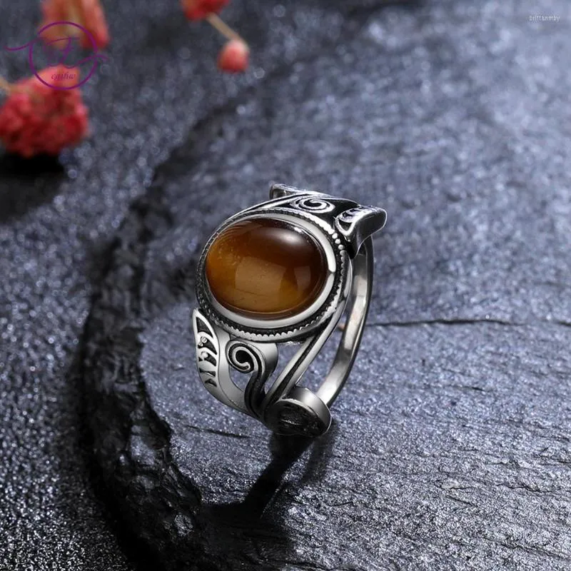 Cluster Rings Vintage Finger Ring 925 Sterling Silver Natural 8x10mm Tiger's Eye Luxury Rhodochrosite Party Jewelry for Women Gift