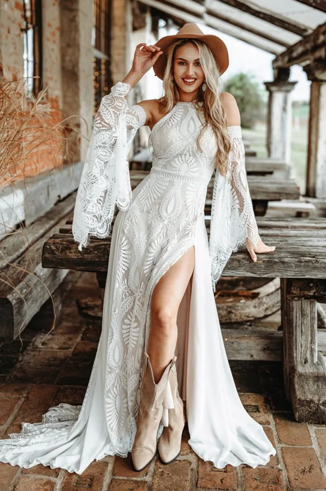 Crochet Lace Bohemian Wedding Dress With Detachable Poet Long Sleeves Thin Straps Deep Split Side Beach Bride Gown Hippe Country A-Line Vestido De Novia