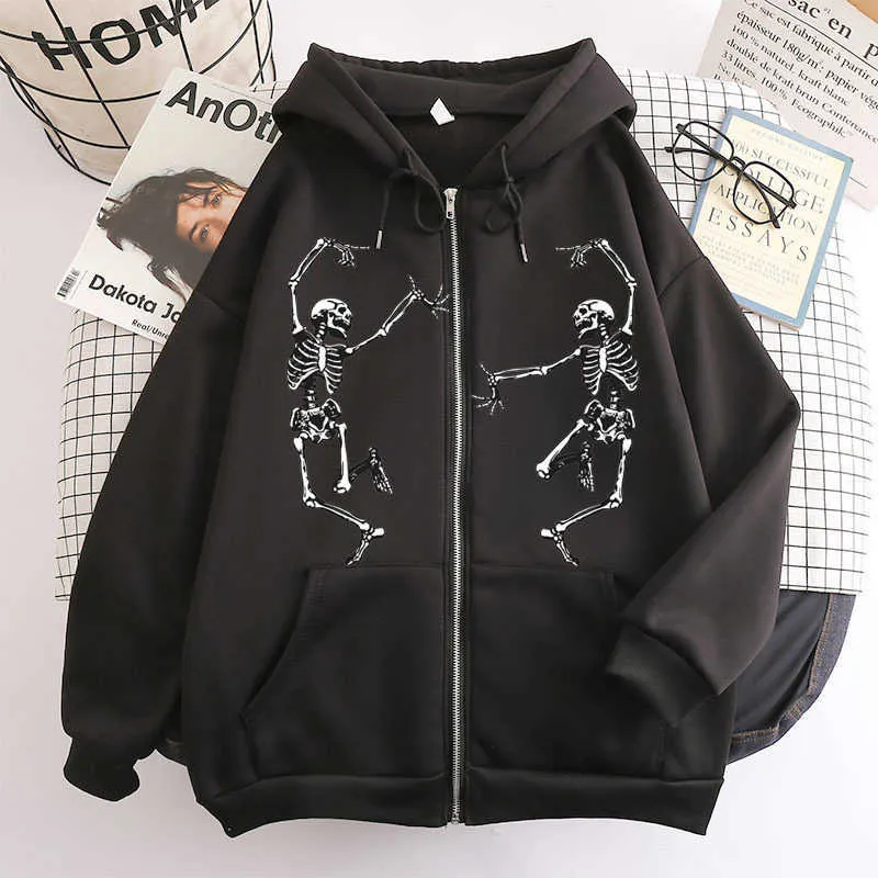 Herrjackor vinter kvinnors retro roliga skalle tryck zip hoodie sweatshirt harajuku överdimensionerade män och kvinnor mode hip hop jacka t220926