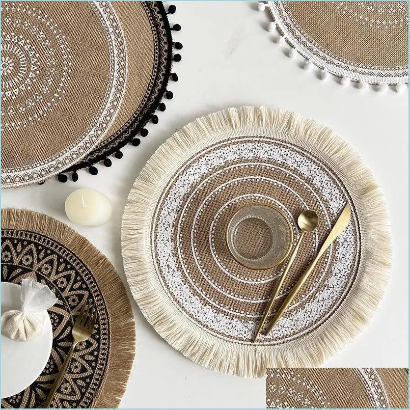 Mats Pads Ins Style Hand-Woven Cotton Linen Placemat Dining Table Insation Pad Home Retro Jute Decorative Po Prop Drop Delivery 2021 Dhhb3