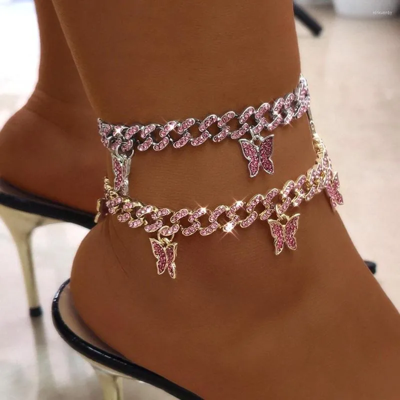 Fußkettchen rosa Strassfalle Schmetterling Kubanische Linkkette für Frauen Gold Silve Farbe Metall Chunky Knöchel Armband Mode Punkschmuck Schmuck