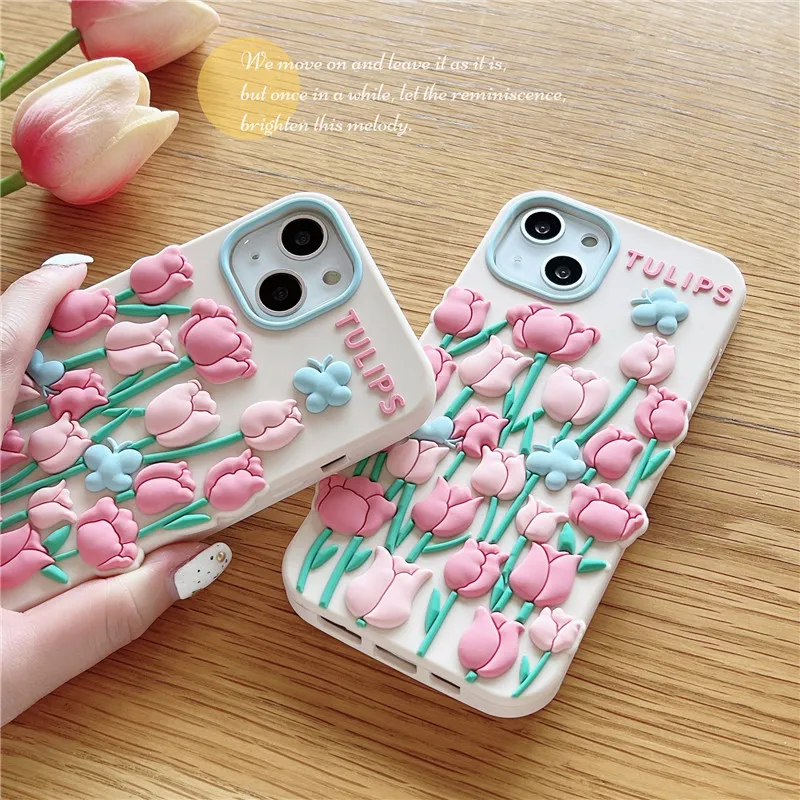 3D Tulip Soft Silicon Case na iPhone 15 14 Plus 13 12 11 Pro Max Star Telefon komórkowy tylna okładka CAPA FINDA SHOCKPROOP SHACK Anti-Fall Piękne kwieciste obudowy 