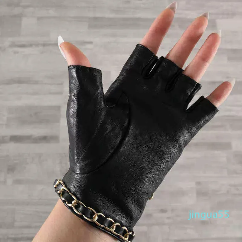 Fingerless Women Leather Half Gloves with Metal Chain Skull Punk