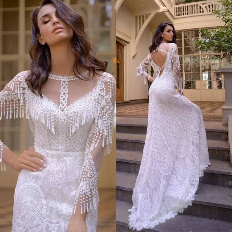 2023 Unique Bohemia Tassel Lace Mermaid Wedding Dresses Chic Long Sleeve Backless Boho country Bridal Gowns