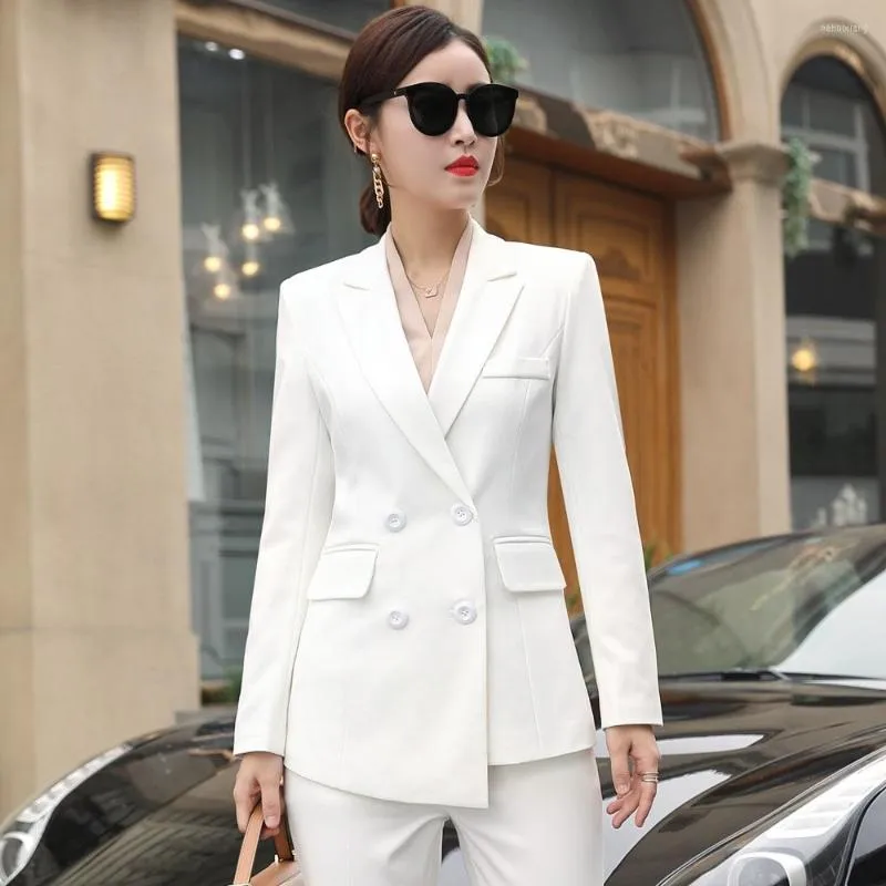 Kvinnors tvådelar Pants 2022 Korean Fashion Spring and Autumn Double Breasted Suit Women's Business Work Clothes White Office Tvådel