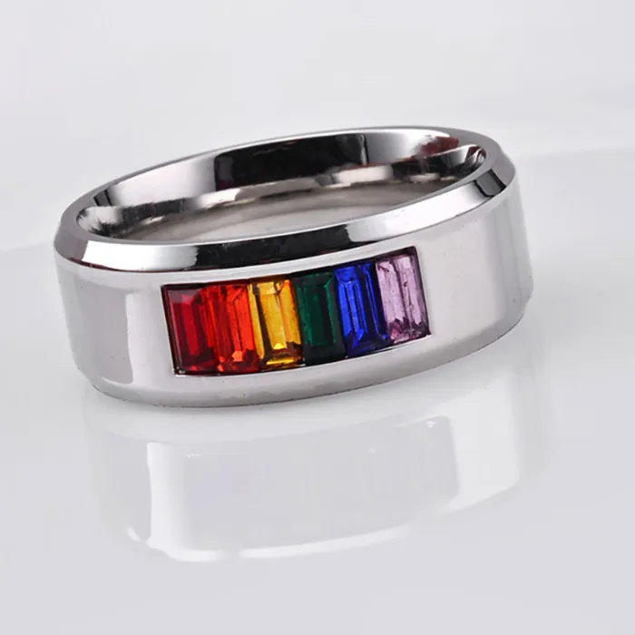 Edelstahl Gay Ring Regenbogen Kristall Band Ringe für Paare Männer Frauen Modeschmuck Valentinstag Geschenk