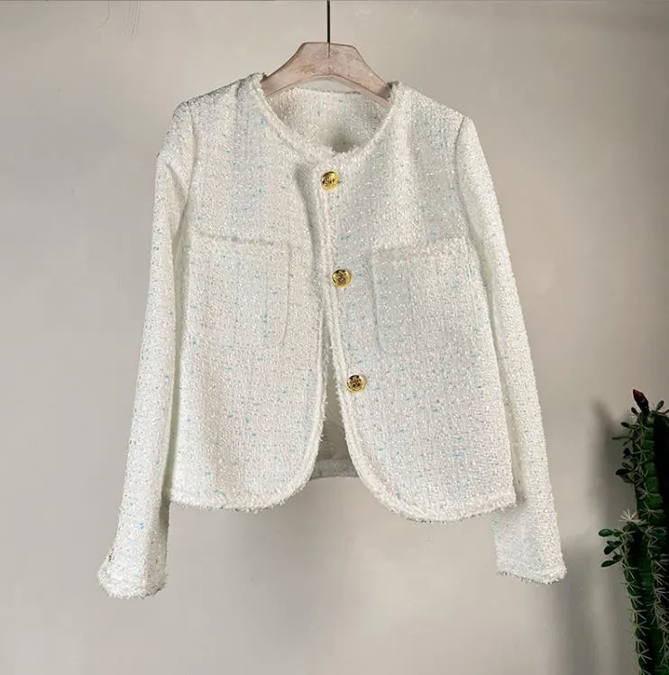 90 L 2022 Autumn Women's Jackets långärmad besättning hals grön vit tweed kappknapp kvinnors chuchu