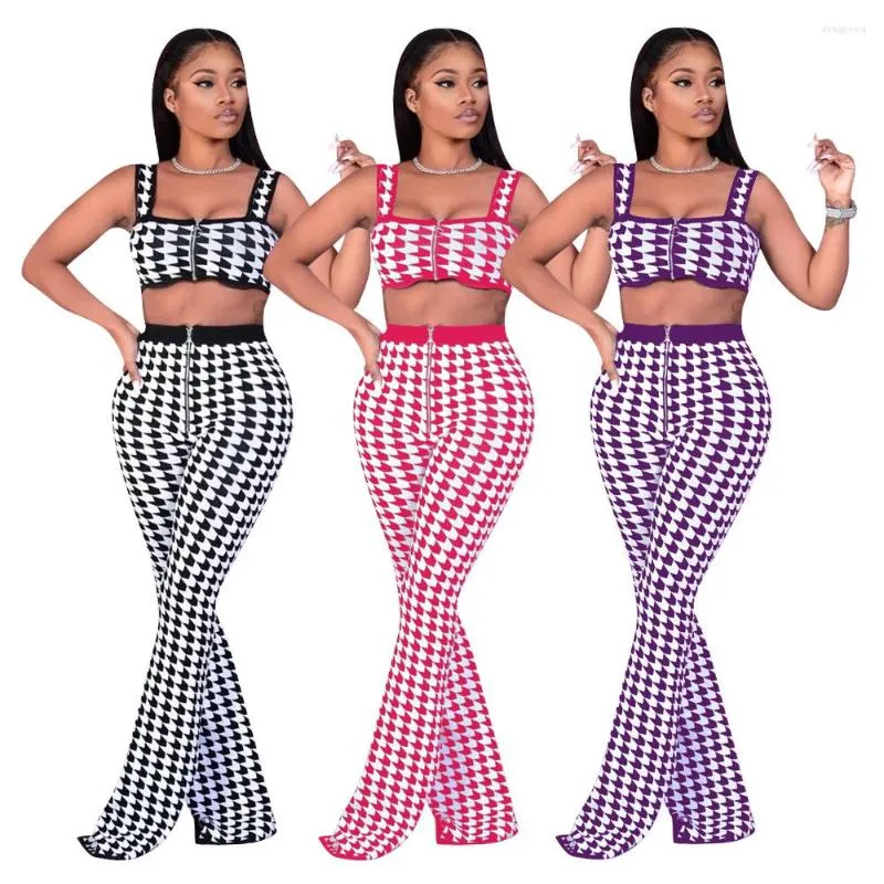 Survêtements pour femmes Sexy deux pièces tenues pour femmes printemps loisirs costume imprimé Plaid Slim haute qualité deux pièces pantalons ensembles femme