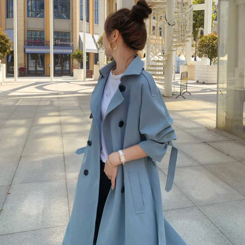 Trench Coats 2021 Fashion Women Women Trench Poat Beige Blue Long Double Double с поясом весеннего осеннего пальто Ж. Корейская свободная верхняя одежда Y2209