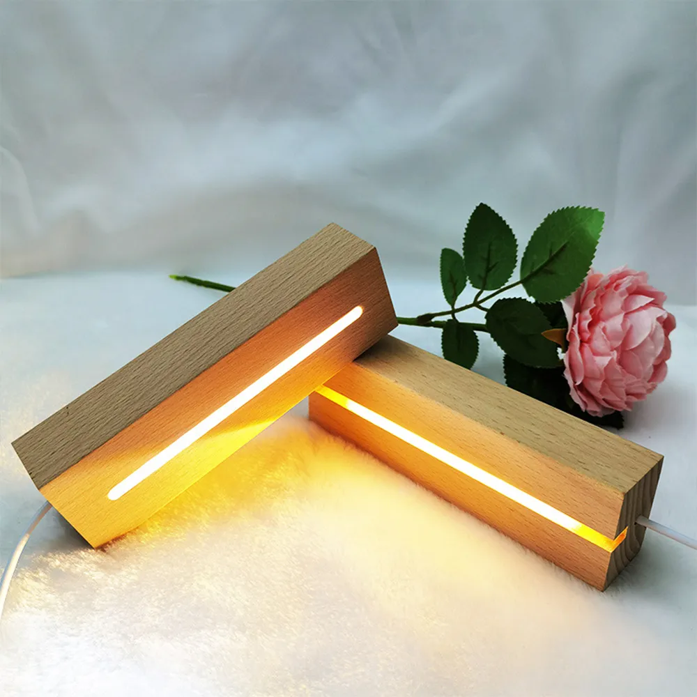 Luci notturne con base a LED in legno massello di faggio rettangolare per lampada da lettera in resina Vetro acrilico Espositore per luci in legno artistico in resina Dropship