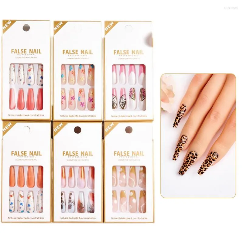 FALSE NAILS 24st Leopard Print Coffin Nail 12Size Löstagbar bärbar trend 1Box Full Cover kommer med Wearing Tool