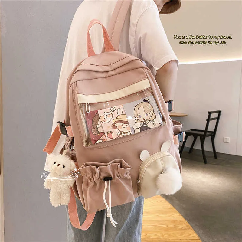 Kvällsväskor 2021 Rosa kvinnlig ryggsäck 3d tecknad kanin Anime skolväska Kaii tonårs college flickor Solid Drstring BookBag Korea ryggsäck T220927