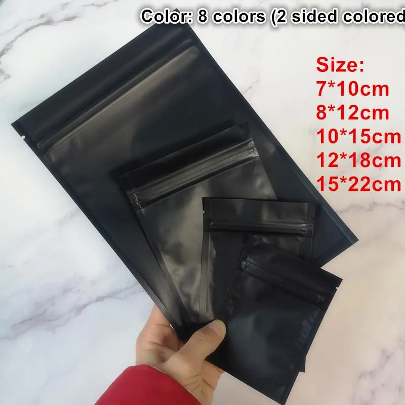 أكياس مايلر البلاستيكية السوداء حقيبة سحاب رقائق رقائق الألومنيوم لتخزين الطعام على المدى الطويل وحماية المقتنيات 8 ألوان ملونة جانبية