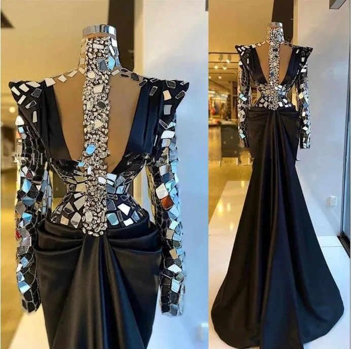 Черные вечерние платья aso ebi носить блестящие длинные рукава с высокой шеей иллюзией кристаллическое бисеро -бисера.