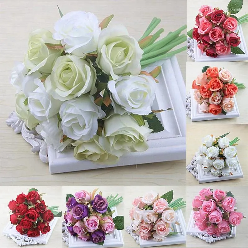 Dekorativa blommor 12st/partier Artificial Rose Wedding Bouquet White Pink Thai Royal Silk Home Decoration Party Decor