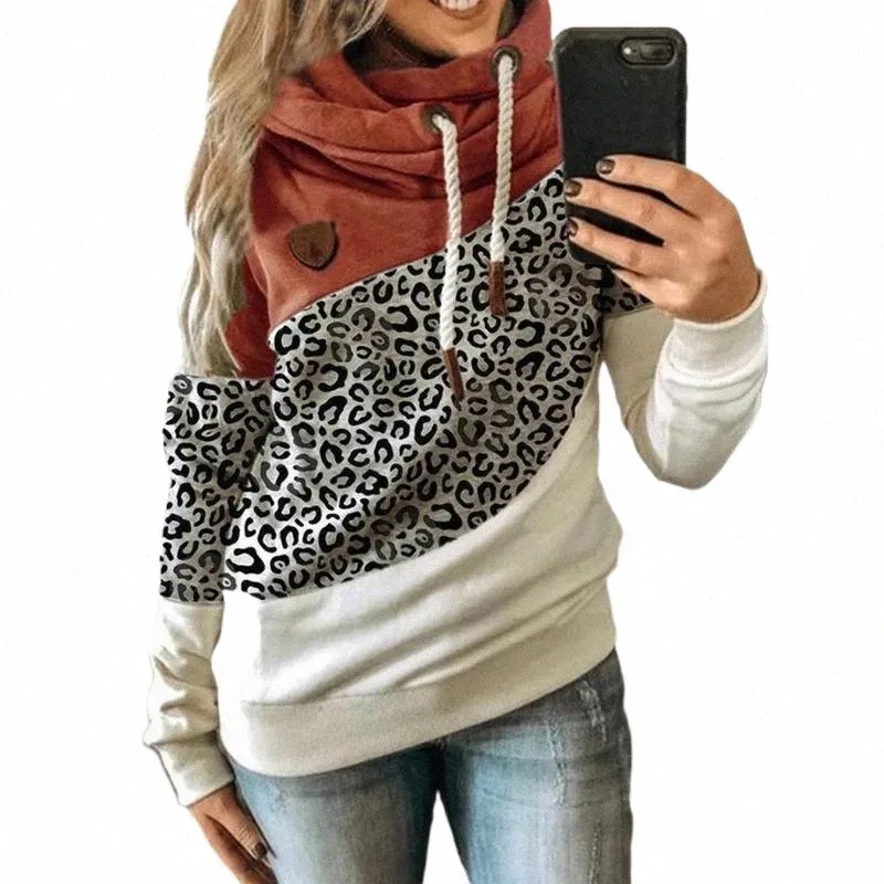 autumn Winter Women Cowl Neck Leopard Camouflage Color Block Patchwork Fall Hoodie Sweatshirt Pullover Casual Warm Hooded Tops Women's Hoodi l77i#