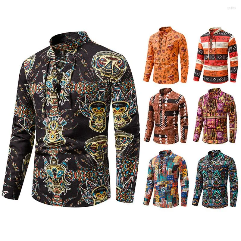 Camisas casuales para hombres Llegada Hombres Hombres Hawaiian Beach Algodón Salvaje Impreso Blusas de manga larga Tops