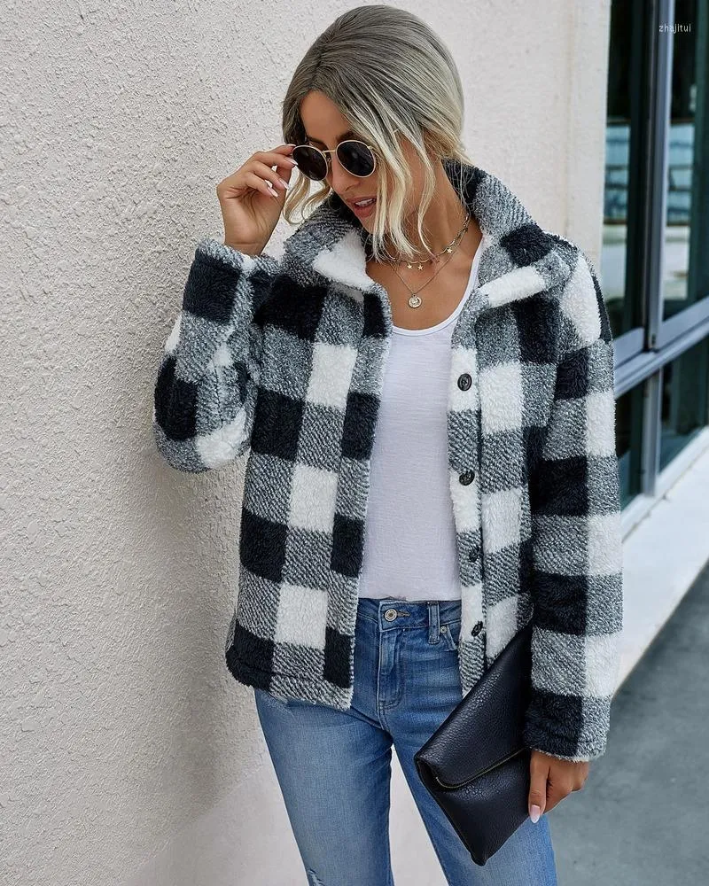 Women Wool Women's Blends Fuzzy Fleece Plaid Coat 2022 Fashion Teddy Coats Single Single Breaded Outwear Outwear Mobilets Lapel