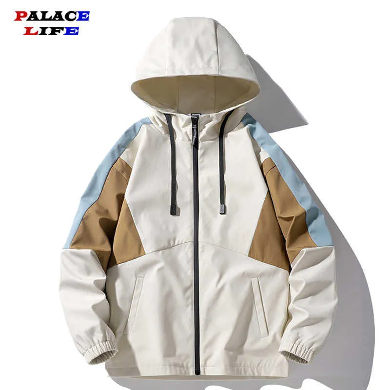 Herrjackor Men Bomber Jacket Patchwork Zipper Cargo Jackets Steetwear 2022 Spring Hip Hop Windbreaker Coats Korean Fashion Hooded Coat T220926