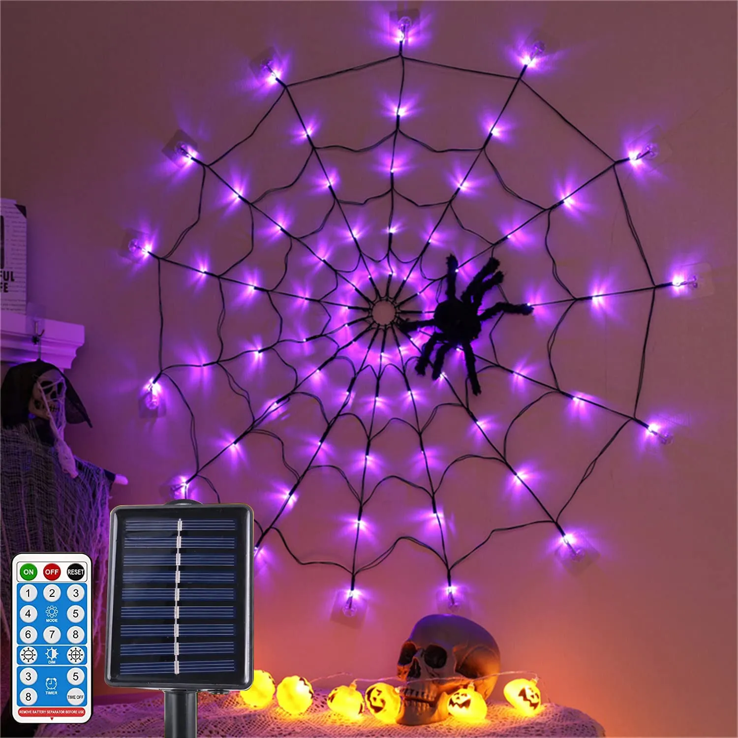 Stringa luminosa a energia solare per Halloween, 60 LED, ragnatela viola, diametro 9,1 m, 8 modalità, ragnatela impermeabile, luce di rete, per interni, esterni, giardino, finestra, cortile, patio di casa.