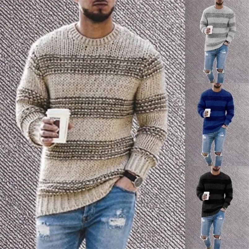 Suéteres para hombres Suéter de cuello redondo para hombres europeos y americanos Otoño e invierno Moda casual a rayas de gran tamaño top de punto 220928