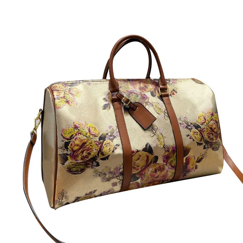 Dames reiskussen tas 45 cm vrouw bloem boston handtassen crossbody schoudertassen grote capaciteit draagtassen canvas lederen bedrukking verwijderbare riem etui