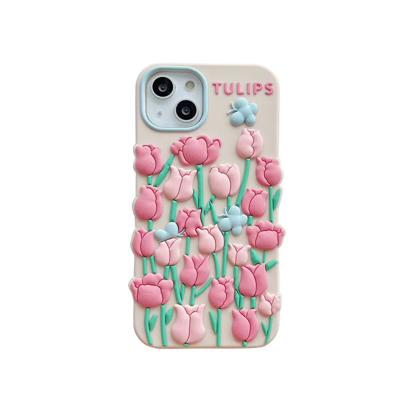 iPhone 14 Plus 용 3D Tulip Soft Silicon 케이스 13 12 11 Pro Max Star 휴대폰 백 커버 Capa Funda Shock Proof 안티 폴 아름다운 꽃 케이스