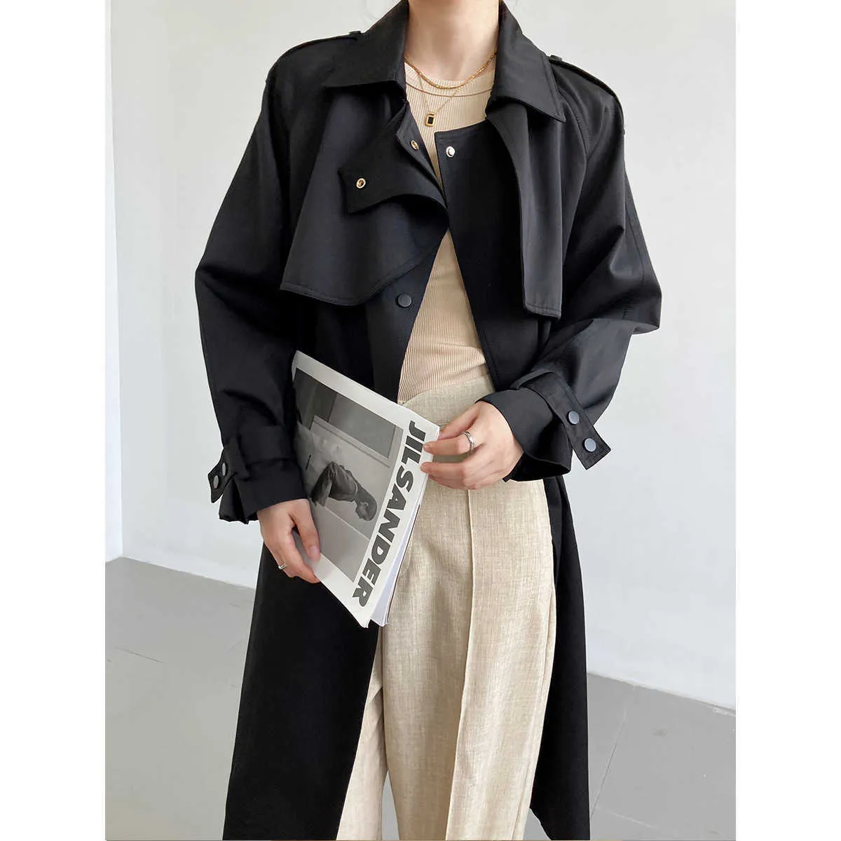 Trench Coats Fashion Luxury Trench Coats Women 2022 Losse eenzame breasted solide Black Long Jacket Autumn Office Belt Wind Breaker Manteau Y2209