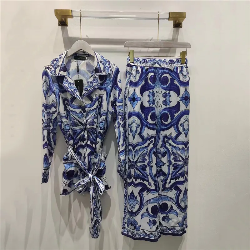 Womens Two Piece Pants Summer womens poplin majolica print trousers set high quality lapel tie long sleeve shirt elastic highwaist casual trousers 220928