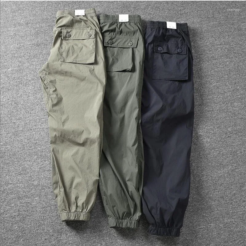 Herrbyxor Spring Retro Cargo Men Washed Cotton Man Casual Croped Fashion Stretch Ankelbundna joggare byxor