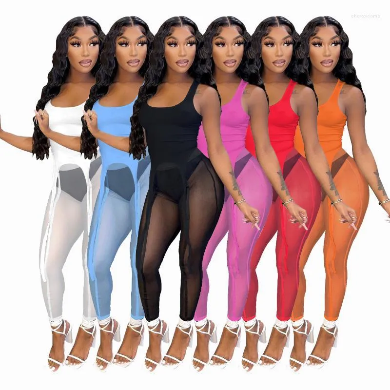 Kvinnors tvåbitar byxor Kvinnor 2022 Summer Women Tracksuit Set Sheer Mesh See Through Solid Color Streetwear Matching Clothes For