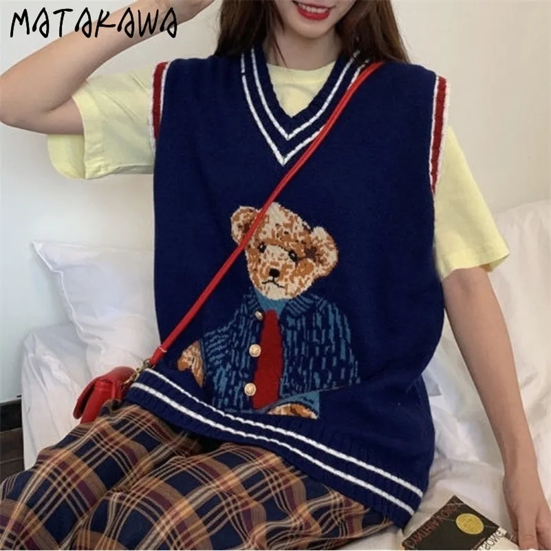 Women's Vests Matakawa Women Vest Korean Fashion Loose Knitted Colete Feminino Embroidery Bear Sleeveless Gilet Pullover Sweater Mujer 220928