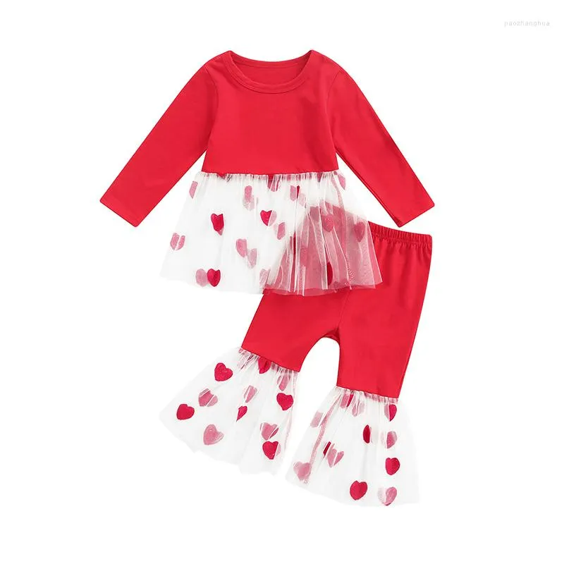 Completi di abbigliamento Neonati Bambini Neonate Autunno 2 pezzi Vestito manica lunga Girocollo Camicia in chiffon stampa cuore Top Pantaloni svasati rossi 6M-4T